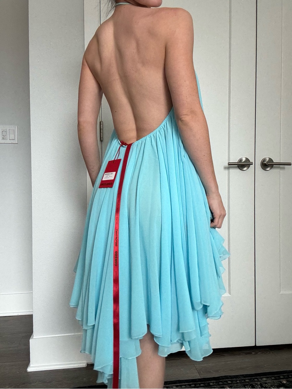 Cou Coo Blue Backless Halter Chiffon Dress